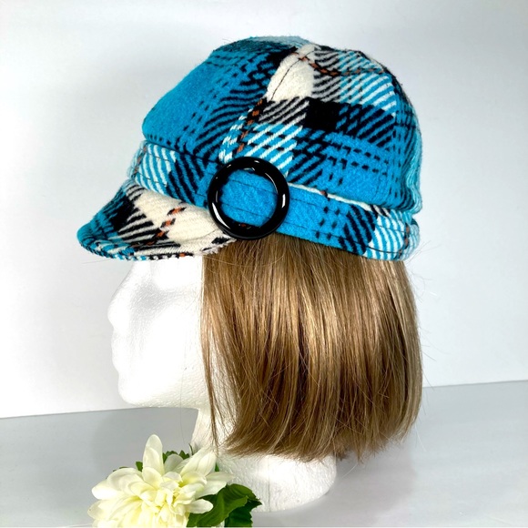 Hi Dee Ho Plaid Newsboy Cap Brim Buckle Matching Band Aqua Black White - Picture 1 of 12